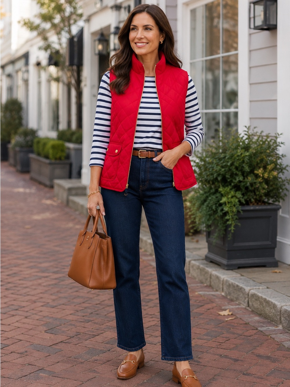 St. John’s Bay Red Diamond Quilted Zip Vest Gold Hardware Preppy Equestrian